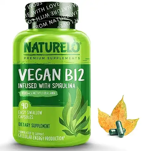NATURELO Vegan B12 with Organic Spirulina - Vegan Supplement for Energy, Metabolism and Stress